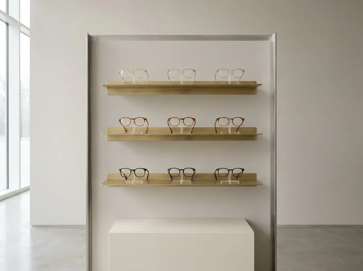 Référence visuelle d'un présentoir de lunettes organisé par teinte
