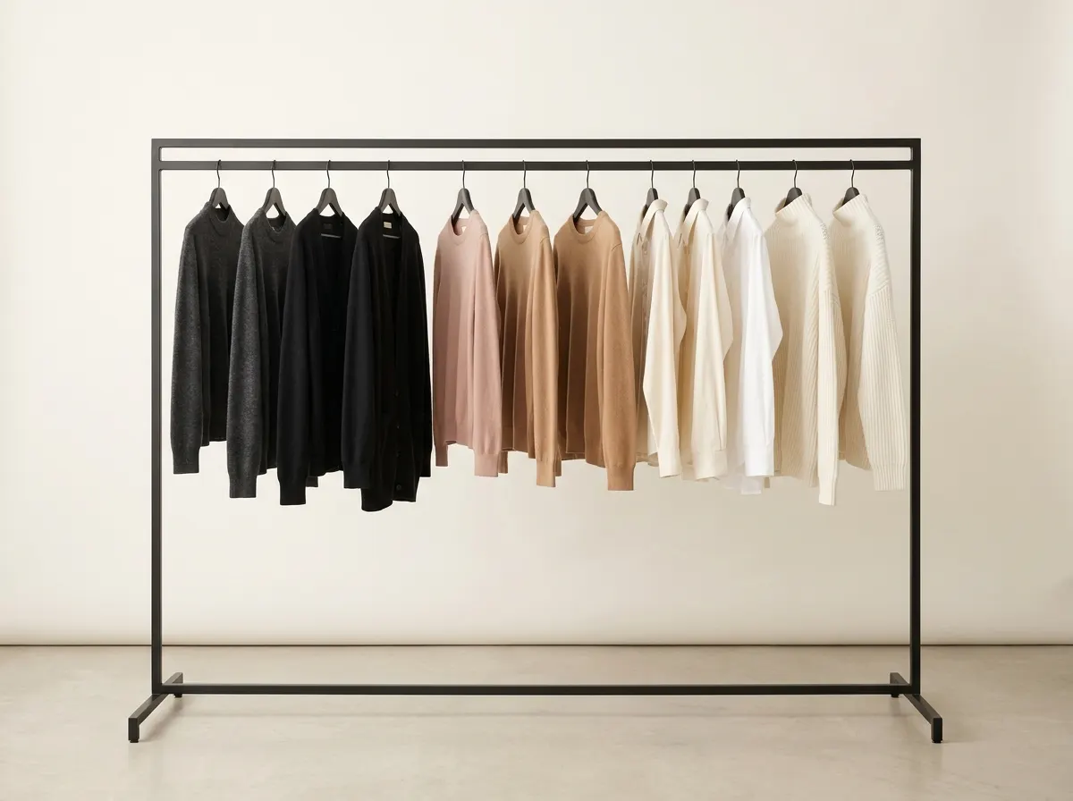 Image de référence du visual merchandising montrant un portant de maille organisé par couleur